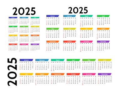 2025 için üç takvim seti beyaz arka planda izole edilmiş farklı formlarda. Pazardan pazartesiye, iş planı. Vektör illüstrasyonu