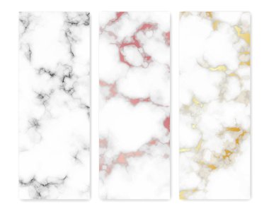 Mermer desenli arka planlar. Üç farklı soyut mermer granit taş seti. Vektör illüstrasyonu