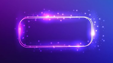 Neon çift yuvarlak dikdörtgen çerçeve, parlak efektler ve koyu mavi arka planda parıltılar. Boş parlayan tekno fon. Vektör illüstrasyonu