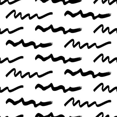 Seamless pattern with black wavy grunge brush strokes in abstract shapes on white background. Vector illustration