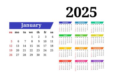 Calendar for 2025 isolated on a white background. Sunday to Monday, business template. Vector illustration clipart