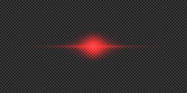 Lens fişeklerinin ışık etkisi. Gri şeffaf arkaplanda parıldayan kırmızı yatay ışık patlaması efekti. Vektör illüstrasyonu