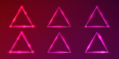 Koyu kırmızı arka planda parlak efektleri olan altı neon üçgen çerçeve. Boş parlayan tekno fon. Vektör illüstrasyonu
