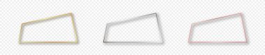 Şeffaf arka planda izole edilmiş üç altın, gümüş ve gül sarısı parlayan trapezoid çerçeve seti. Parlak efektli parlak bir çerçeve. Vektör illüstrasyonu