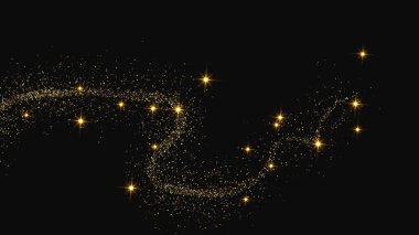 Altın parıldayan konfeti dalgası ve yıldız tozu. Koyu arkaplanda altın sihirli parıltılarla arka plan. Vektör illüstrasyonu