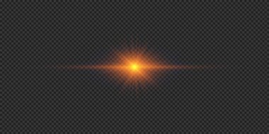 Lens fişeklerinin ışık etkisi. Gri şeffaf arkaplanda parıldayan turuncu yatay ışık patlaması efekti. Vektör illüstrasyonu