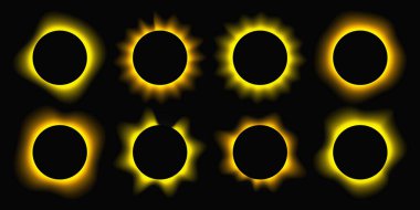 Çemberleri gradyanla aydınlat. Siyah arkaplanda sekiz sarı neon pankart var. Vektör illüstrasyonu