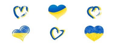 Ukrayna renginde kalpler. Beyaz arka planda farklı sarı ve mavi kalpler. Vektör illüstrasyonu