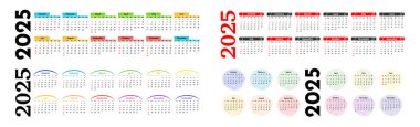 2025 için dört yatay takvim seti beyaz arka planda izole edildi. Pazardan pazartesiye, iş planı. Vektör illüstrasyonu