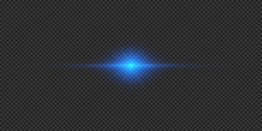 Lens fişeklerinin ışık etkisi. Gri şeffaf arkaplanda parıldayan mavi yatay ışık patlaması efekti. Vektör illüstrasyonu