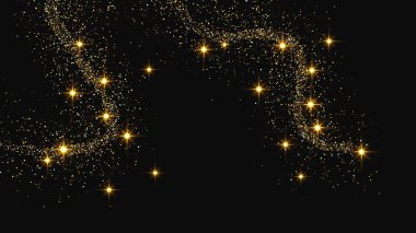 Altın parıldayan konfeti dalgası ve yıldız tozu. Koyu arkaplanda altın sihirli parıltılarla arka plan. Vektör illüstrasyonu