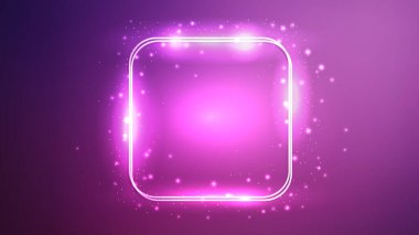 Neon çift yuvarlak kare çerçeve, parlak efektler ve koyu mor arka planda parıltılar. Boş parlayan tekno fon. Vektör illüstrasyonu