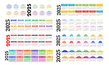 2025 için sekiz yatay takvim seti beyaz arka planda izole edildi. Pazardan pazartesiye, iş planı. Vektör illüstrasyonu