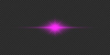 Lens fişeklerinin ışık etkisi. Mor yatay parlak ışık patlaması efekti. Gri şeffaf arkaplanda parıltılar var. Vektör illüstrasyonu