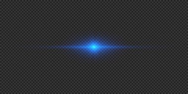 Lens fişeklerinin ışık etkisi. Gri şeffaf arkaplanda parıldayan mavi yatay ışık patlaması efekti. Vektör illüstrasyonu