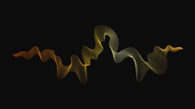 Karanlık arka planda lüks altın dalgaları olan soyut bir fon. Modern teknoloji arka planı, dalga tasarımı. Vektör illüstrasyonu