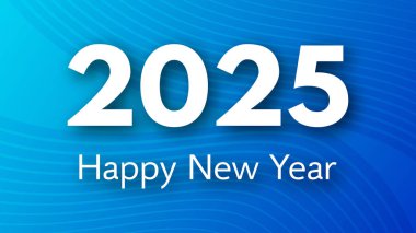 2025 Mutlu Yıllar. Mavi soyut arkaplan üzerinde beyaz 2025 Yeni Yıl rakamları bulunan modern selamlama afişi şablonu. Vektör illüstrasyonu