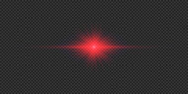 Lens fişeklerinin ışık etkisi. Gri şeffaf arkaplanda parıldayan kırmızı yatay ışık patlaması efekti. Vektör illüstrasyonu