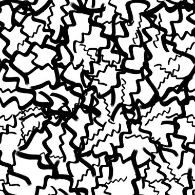 Seamless pattern with black wavy grunge brush strokes in abstract shapes on white background. Vector illustration