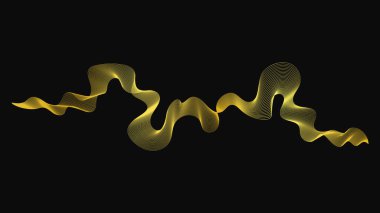 Karanlık arka planda lüks altın dalgaları olan soyut bir fon. Modern teknoloji arka planı, dalga tasarımı. Vektör illüstrasyonu