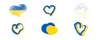 Ukrayna renginde kalpler. Beyaz arka planda farklı sarı ve mavi kalpler. Vektör illüstrasyonu