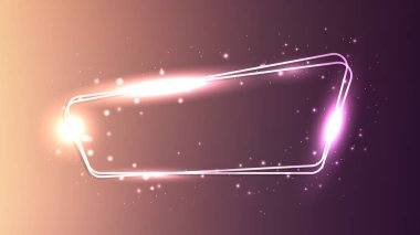 Neon, parlak efektlerle ve kahverengi arka planda ışıltılarla çevrili çift katlı bir çerçeve. Boş parlayan tekno fon. Vektör illüstrasyonu
