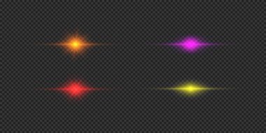 Lens fişeklerinin ışık etkisi. Gri şeffaf arkaplanda parıldayan dört çok renkli, parlak ışık patlaması efekti. Vektör illüstrasyonu