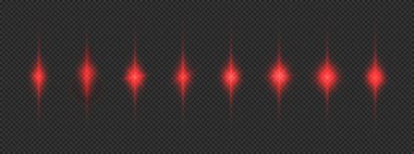 Lens fişeklerinin ışık etkisi. Gri şeffaf arkaplanda parıldayan sekiz kırmızı ışık patlaması efekti. Vektör illüstrasyonu