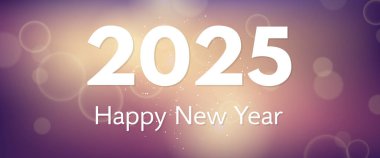 Bulanık arkaplandaki 2025 yılınız kutlu olsun. Arkaplanda beyaz numaralar, konfeti, bokeh ve lens fişeği var. Vektör illüstrasyonu