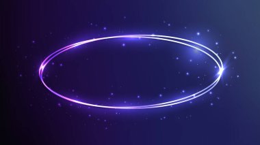Parlak efektleri ve koyu mavi arka planda parıltıları olan neon çift oval çerçeve. Boş parlayan tekno fon. Vektör illüstrasyonu