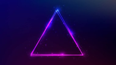 Parlak efektleri ve mor arka planda parıltıları olan neon çift üçgen çerçeve. Boş parlayan tekno fon. Vektör illüstrasyonu