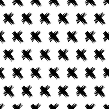 Elle çizilmiş çapraz sembollü kusursuz desen. Beyaz arka planda siyah çizim işareti. Vektör illüstrasyonu