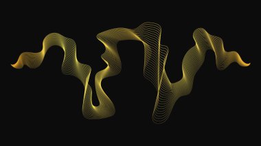 Karanlık arka planda lüks altın dalgaları olan soyut bir fon. Modern teknoloji arka planı, dalga tasarımı. Vektör illüstrasyonu