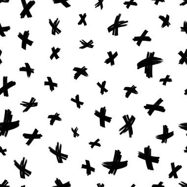 Elle çizilmiş çapraz sembollü kusursuz desen. Beyaz arka planda siyah çizim işareti. Vektör illüstrasyonu