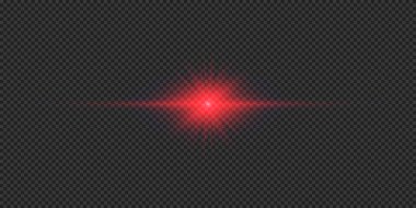 Lens fişeklerinin ışık etkisi. Gri şeffaf arkaplanda parıldayan kırmızı yatay ışık patlaması efekti. Vektör illüstrasyonu