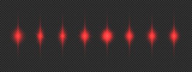 Lens fişeklerinin ışık etkisi. Gri şeffaf arkaplanda parıldayan sekiz kırmızı ışık patlaması efekti. Vektör illüstrasyonu