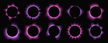 Çemberleri gradyanla aydınlat. Siyah arkaplanda 10 adet mor neon pankart var. Vektör illüstrasyonu