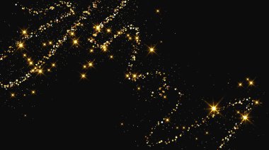 Altın parıldayan konfeti dalgası ve yıldız tozu. Koyu arkaplanda altın sihirli parıltılarla arka plan. Vektör illüstrasyonu