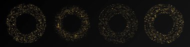 Soyut altın parlayan yarım tonlu noktalı arkaplan. Daire şeklinde dört altın parıltılı desen. Yarım ton noktalarını çember yapın. Vektör illüstrasyonu
