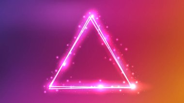 Parlak efektleri ve pembe arka planda parıltıları olan neon çift üçgen çerçeve. Boş parlayan tekno fon. Vektör illüstrasyonu