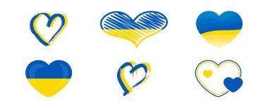 Ukrayna renginde kalpler. Beyaz arka planda farklı sarı ve mavi kalpler. Vektör illüstrasyonu