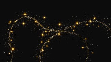 Altın parıldayan konfeti dalgası ve yıldız tozu. Koyu arkaplanda altın sihirli parıltılarla arka plan. Vektör illüstrasyonu