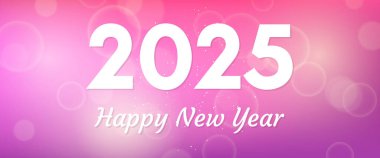 Bulanık arkaplandaki 2025 yılınız kutlu olsun. Arkaplanda beyaz numaralar, konfeti, bokeh ve lens fişeği var. Vektör illüstrasyonu
