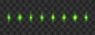 Lens fişeklerinin ışık etkisi. Gri şeffaf arkaplanda parıldayan sekiz yeşil ışık patlaması efekti. Vektör illüstrasyonu