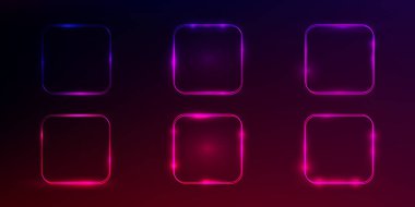 Koyu kırmızı arka planda parlak efektleri olan altı neon yuvarlak kare çerçeve. Boş parlayan tekno fon. Vektör illüstrasyonu