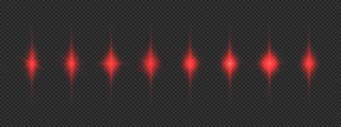 Lens fişeklerinin ışık etkisi. Gri şeffaf arkaplanda parıldayan sekiz kırmızı ışık patlaması efekti. Vektör illüstrasyonu