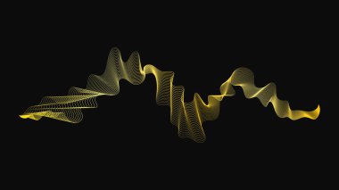 Karanlık arka planda lüks altın dalgaları olan soyut bir fon. Modern teknoloji arka planı, dalga tasarımı. Vektör illüstrasyonu