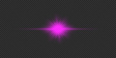 Lens fişeklerinin ışık etkisi. Mor yatay parlak ışık patlaması efekti. Gri şeffaf arkaplanda parıltılar var. Vektör illüstrasyonu