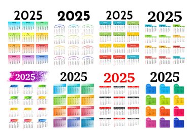 2025 için sekiz dikey takvim seti beyaz bir arkaplanda izole edildi. Pazardan pazartesiye, iş planı. Vektör illüstrasyonu