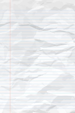 Çizgileri olan buruşuk, beyaz bir defter kağıdı. Posterler ve afişler için dikey buruşmuş boş kağıt şablonu. Vektör illüstrasyonu